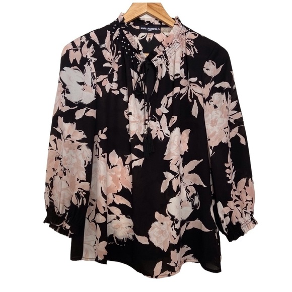 KARL Lagerfeld floral crepe blouse black pink ecru white pearls embellishments - Picture 1 of 16